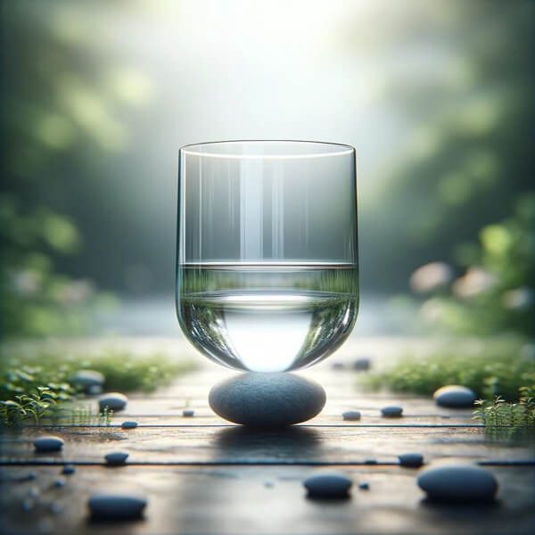 Ein Glas balanciert auf einem Stein als Symbol für realistischen Optimismus der Chancen und Risiken ausgewogen betrachtet.